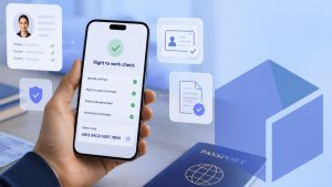 A hand holding a phone displaying a completed right to work check with a share code, next to a passport