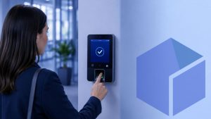 A woman using a fingerprint scanner to clock in at work, illustrating a biometric time and attendance system